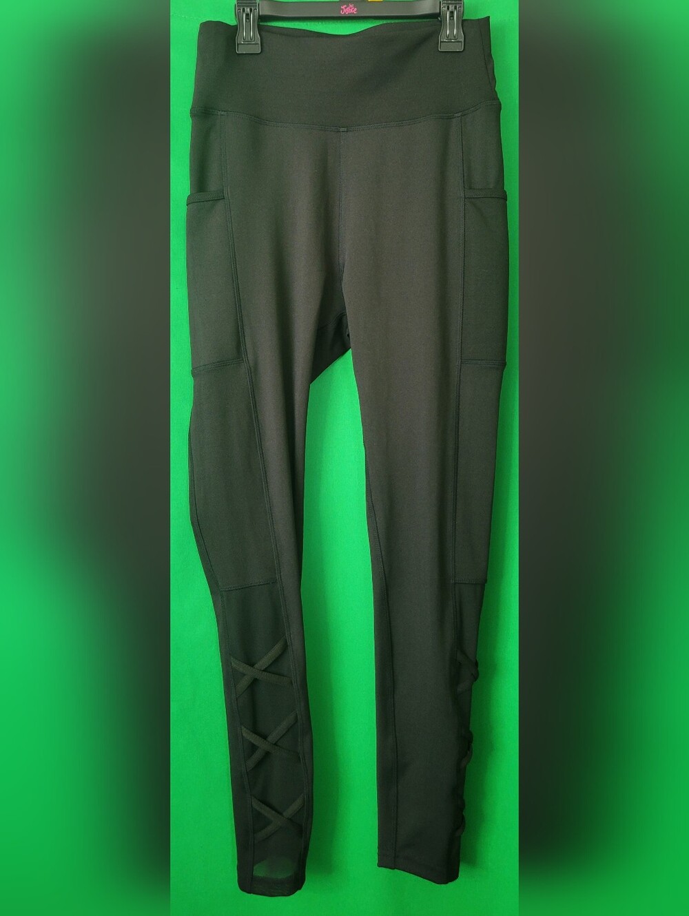 Black Active Leggings Side Pocket Crisscross Mesh Detail Popfit Sz M Exercise